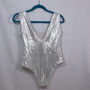 May & Maya Metallic Bodysuit L Silver Women V-Neck Sleeveless Rave‎ Party